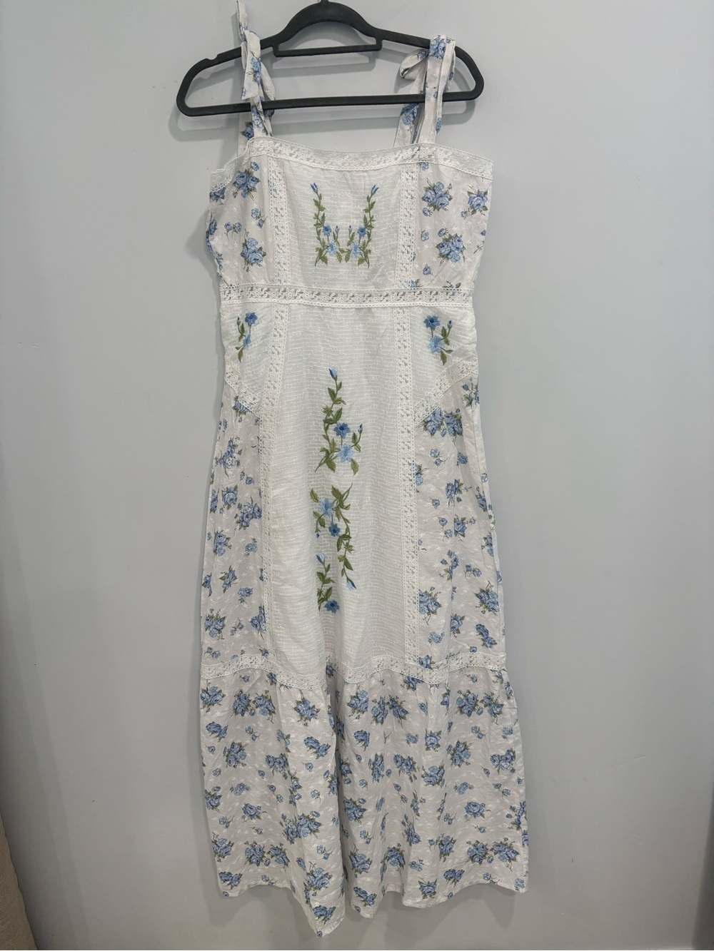 Altar’d State White Floral Tie-Shoulder Maxi Dress - Blue Embroidery - Picture 2 of 8